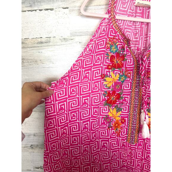 Savanna Jane Women’s Plus 3X Pink Embroidered Boho Tie Neck Tank Top Blouse - Picture 3 of 6